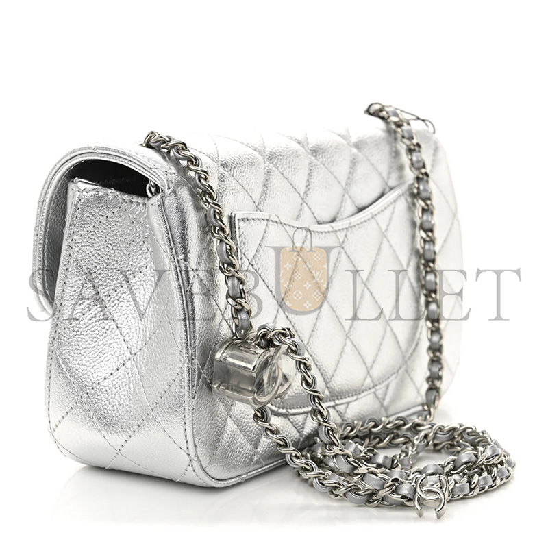 CHANEL METALLIC CAVIAR QUILTED MINI RECTANGULAR CC SLIDE FLAP SILVER AS5759 (20*13*7cm)